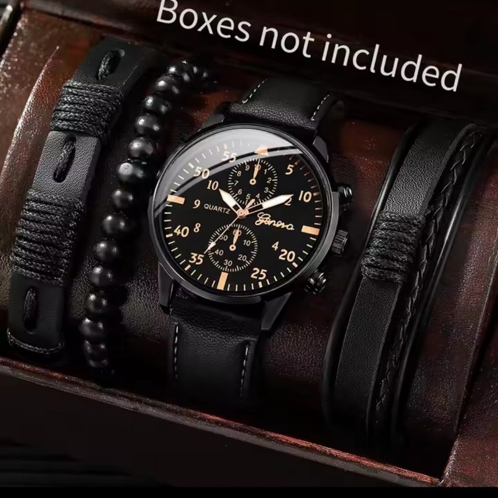 4pc Men's Watch Bracelets Set Leather‎ Beaded Black New f88